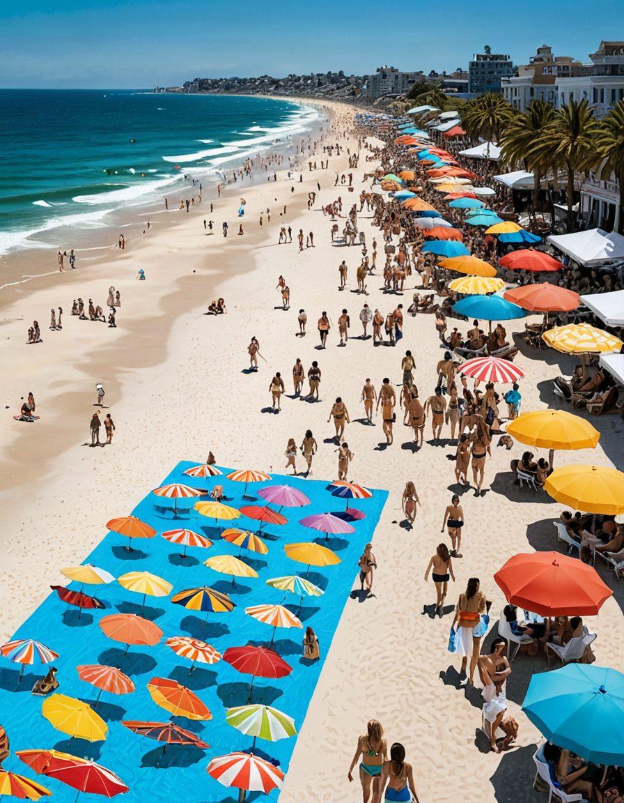 A dynamic split scene showcasing a vibrant beach on one side with diverse individuals enjoying the sun in innovative bikinis, and the other side a glamorous catwalk with models strutting confidently in the same bikini styles. Include elements that represent neurodiversity, like colorful puzzle pieces and inclusive symbols, blending seamlessly into both environments. Bright and bold colors, emphasizing joy and uniqueness. super-realistic. vibrant colors. white background.